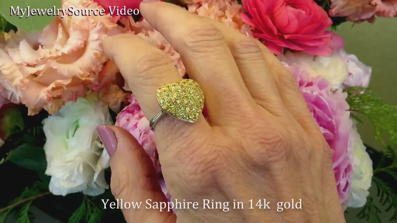 Natural Yellow Sapphire Pave Set Heart Ring in 14k white gold for sale (item SSR-5933)