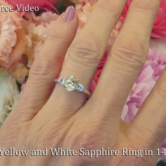 Oval Yellow Sapphire and Round White Sapphire Three Stone Engagement Ring in 14k gold (SSR-5836-WS)