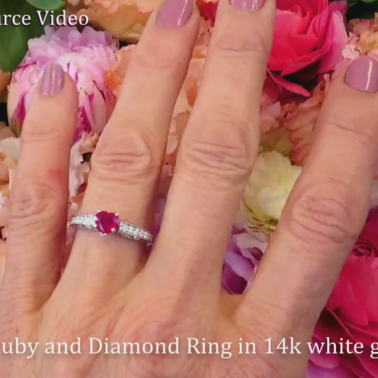 Heart Shape Natural Burmese Ruby and Diamond Engagement Ring in 14k white gold- vintage styled (R-5521)