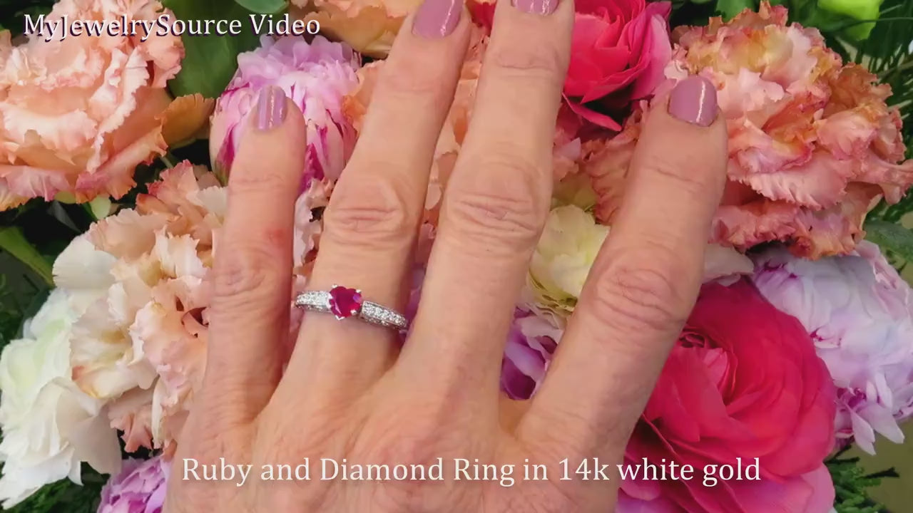 Heart Shape Natural Burmese Ruby and Diamond Engagement Ring in 14k white gold- vintage styled (R-5521)