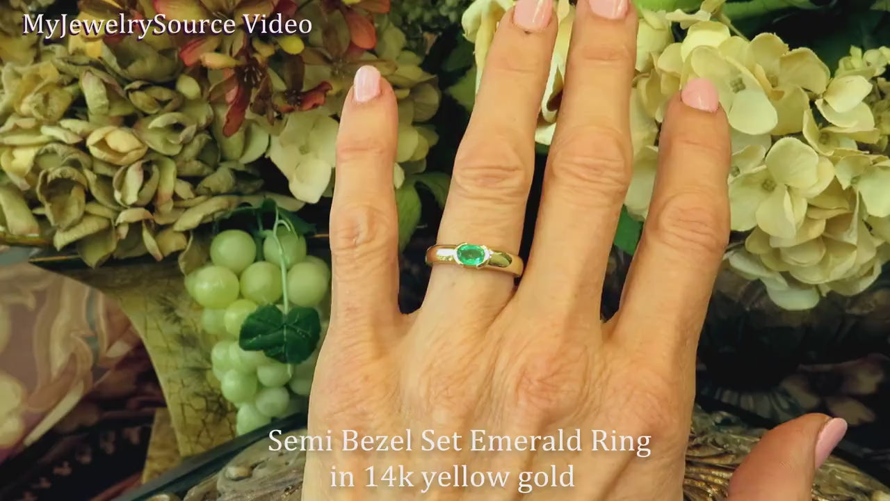 East West Set Natural Emerald Solitaire Ring in solid 14k yellow gold for sale (E-5485)