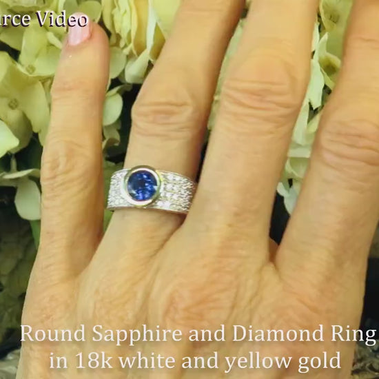 Bold Bezel Set Round Natural Sapphire and Pave Diamond Ring in 18k two tone gold (SSR-5377)