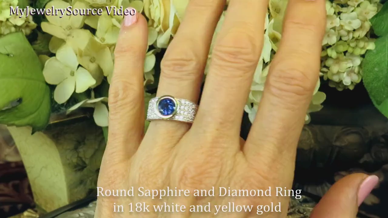 Bold Bezel Set Round Natural Sapphire and Pave Diamond Ring in 18k two tone gold (SSR-5377)