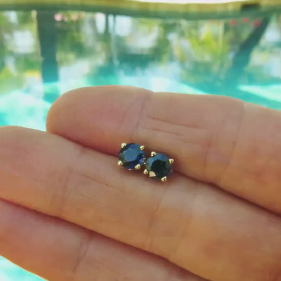 5.4mm round Natural Navy Cornflower Blue Sapphire Stud Earrings in 14k yellow gold (SSE-5082)