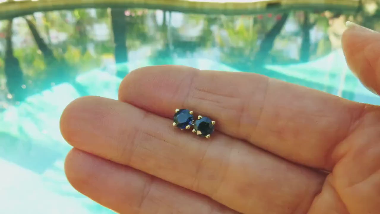 5.4mm round Natural Navy Cornflower Blue Sapphire Stud Earrings in 14k yellow gold (SSE-5082)
