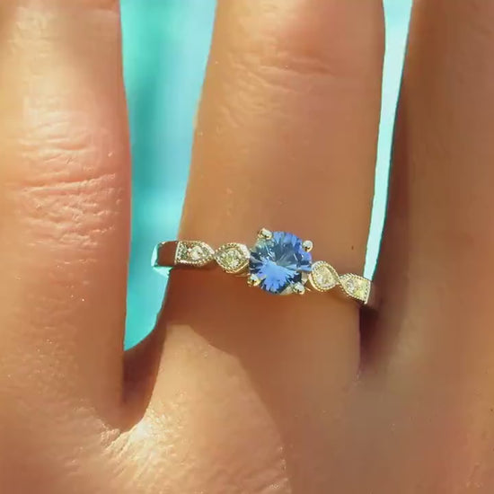 Petite Ceylon Round Natural Blue Sapphire Vintage Style Ring in 14k white gold (SBR-130)