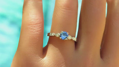 Petite Ceylon Round Natural Blue Sapphire Vintage Style Ring in 14k white gold (SBR-130)
