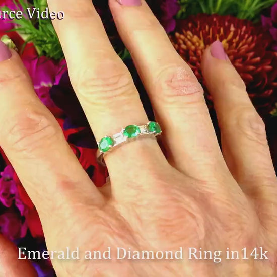 Natural East West Set Emerald and Diamond Band Ring in 14k white gold for sale (E-5468W)