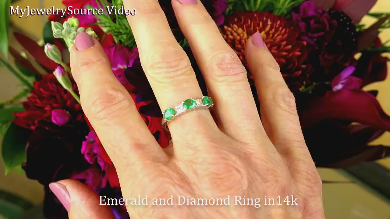 Natural East West Set Emerald and Diamond Band Ring in 14k white gold for sale (E-5468W)