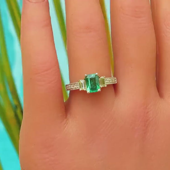 Natural Emerald Engagement Ring with Baguette Diamonds set in 14k white gold for sale (E-5817)