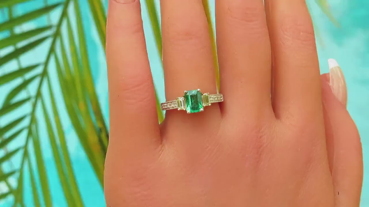 Natural Emerald Engagement Ring with Baguette Diamonds set in 14k white gold for sale (E-5817)