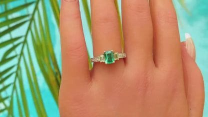Natural Emerald Engagement Ring with Baguette Diamonds set in 14k white gold for sale (E-5817)