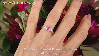 Natural Oval Pink Sapphire Three Stone Engagement Ring in Real 14k White Gold (SSR-5835)