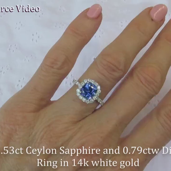 Large Cushion Cut Sapphire Ring in a 14k white gold Diamond Halo Setting (SSR-5882)