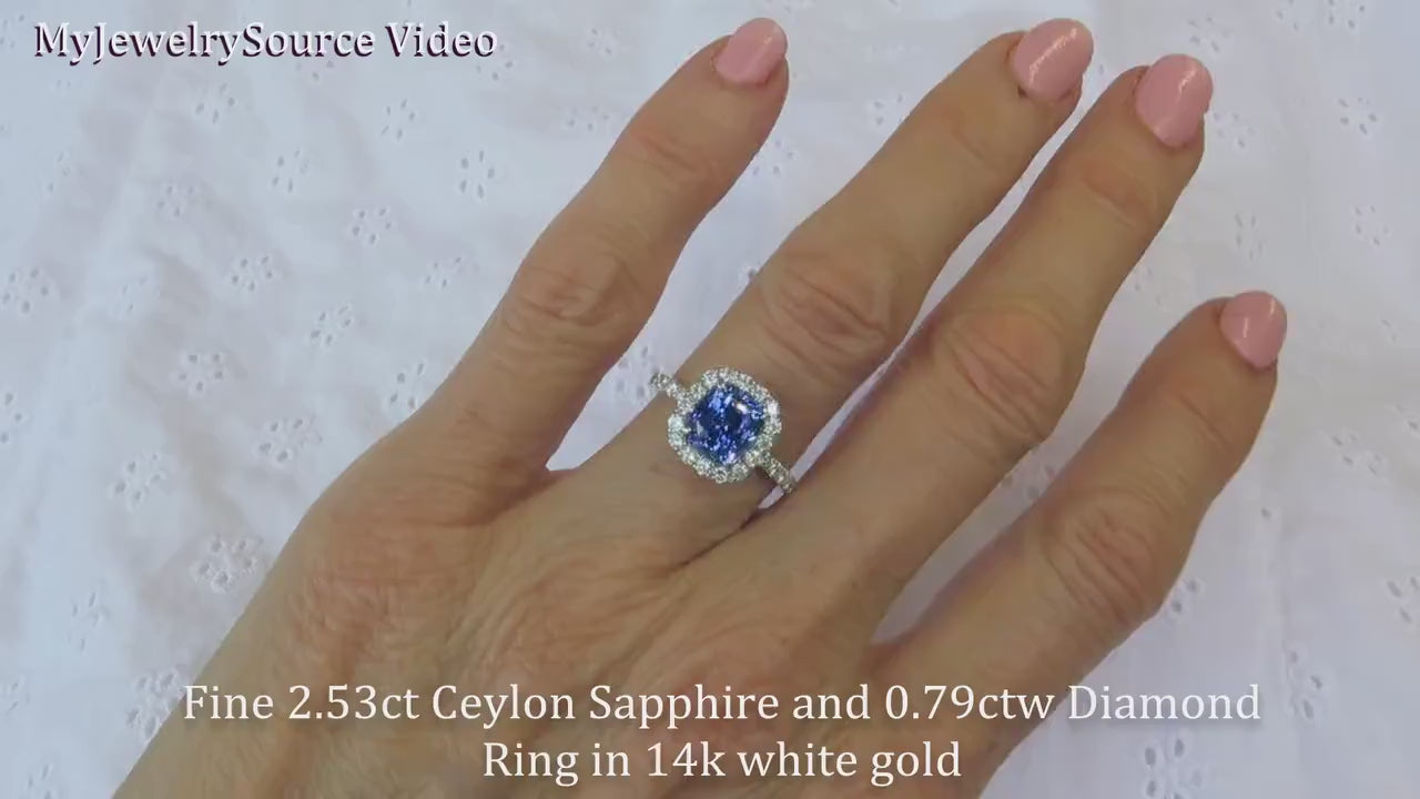 Large Cushion Cut Sapphire Ring in a 14k white gold Diamond Halo Setting (SSR-5882)