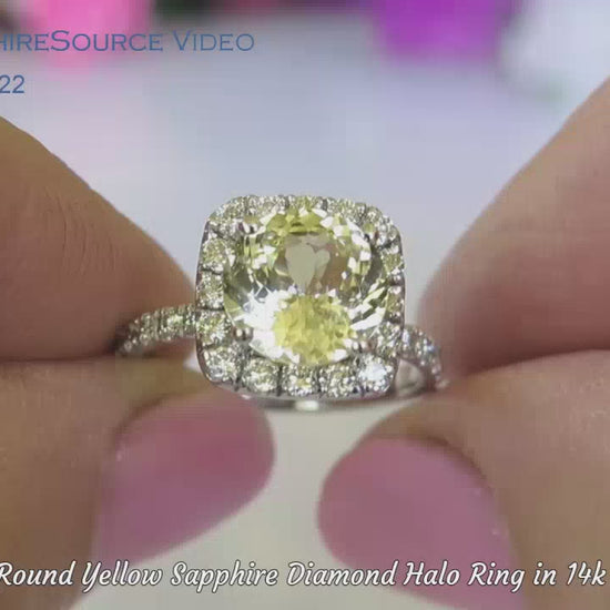 >9mm Round Ceylon Unheated Yellow Sapphire Ring in 14k White Gold with a Diamond Halo (SYR-122)