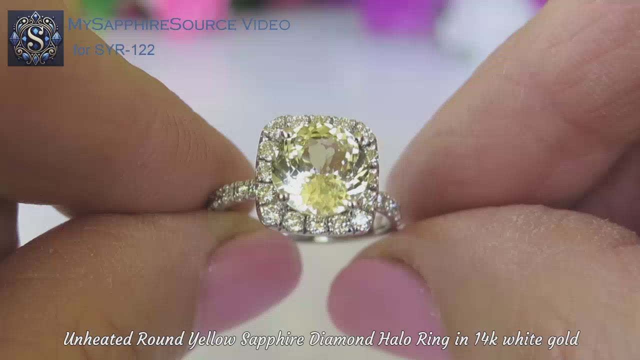 >9mm Round Ceylon Unheated Yellow Sapphire Ring in 14k White Gold with a Diamond Halo (SYR-122)