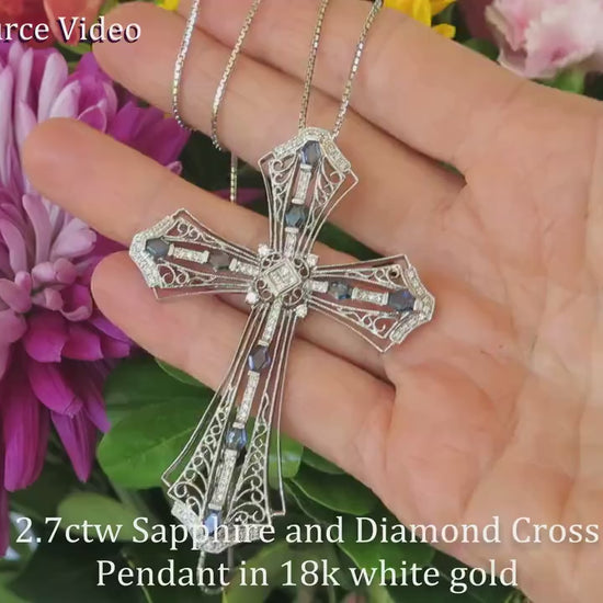 Large Vintage Styled Natural Sapphire and Diamond Filigree Cross in 18k white gold (SSP-1163)