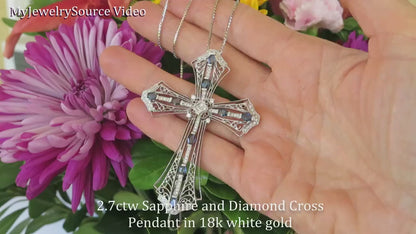 Large Vintage Styled Natural Sapphire and Diamond Filigree Cross in 18k white gold (SSP-1163)