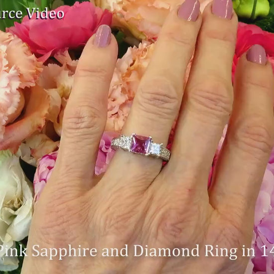 Natural Princess Cut Pink Sapphire and Princess Diamond Three Stone Engagement Ring in real 14k white gold for sale (SSR-5650)