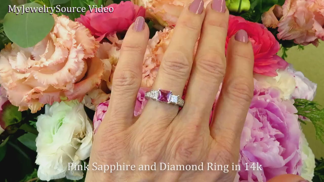 Natural Princess Cut Pink Sapphire and Princess Diamond Three Stone Engagement Ring in real 14k white gold for sale (SSR-5650)