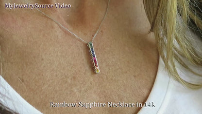 Natural Round Cut Multi Color Sapphire Line Stick Pendant in solid 14k white gold for sale (SSP-5076)