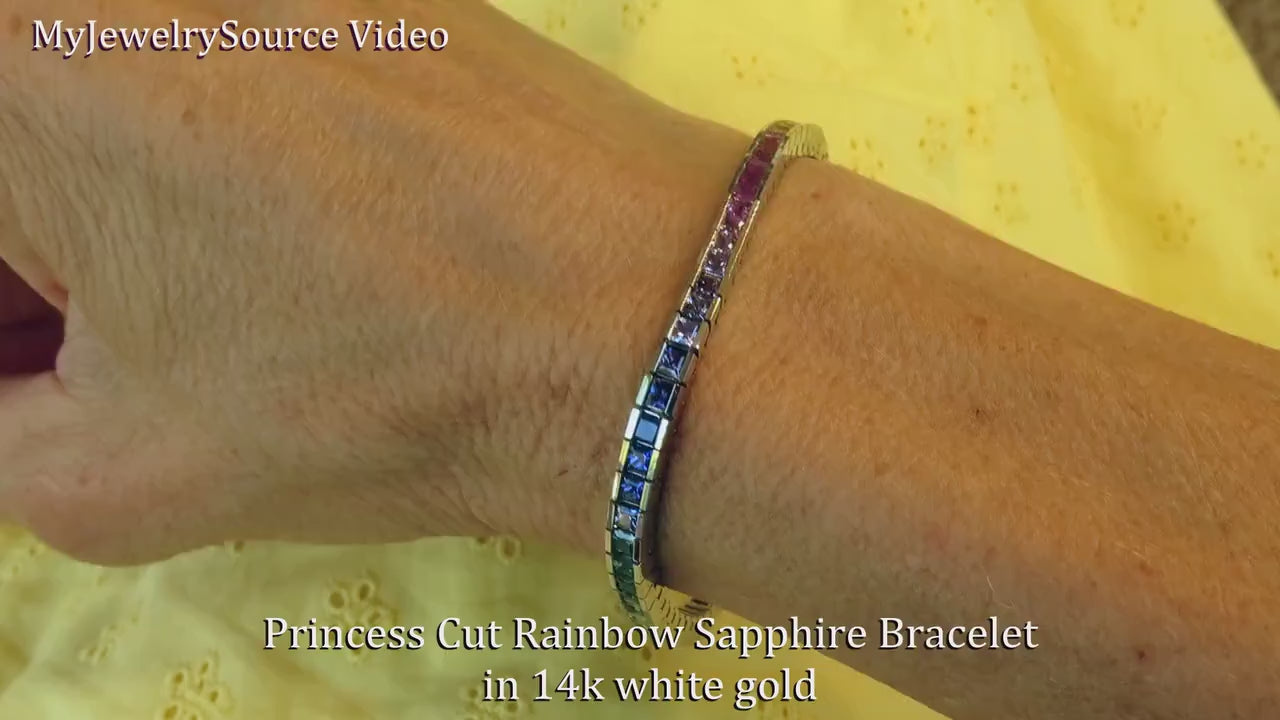 Princess Cut Natural Rainbow Sapphire Bracelet with channel setting in 14k white gold (SSB-4057)