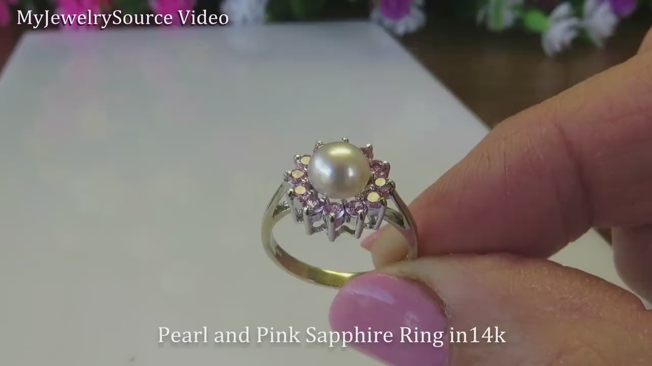 Round 6mm Pearl and Pink Sapphire Halo Ballerina Style Ring in 14k white gold (GR-6026)