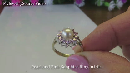 Round 6mm Pearl and Pink Sapphire Halo Ballerina Style Ring in 14k white gold (GR-6026)