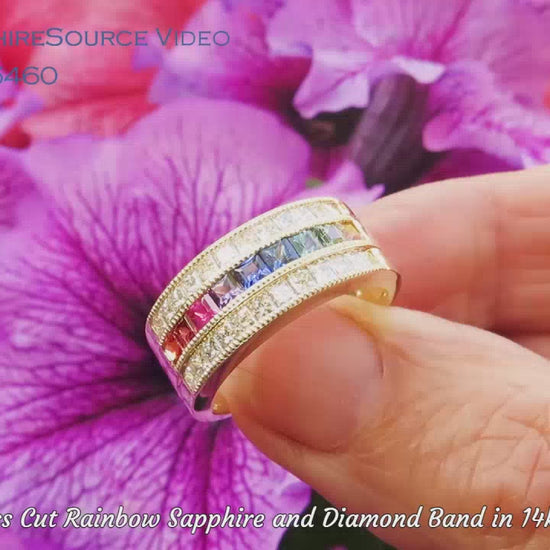 Princess Cut Rainbow Sapphire Ring with Princess Diamonds in 14k yellow gold (SSR-5460)