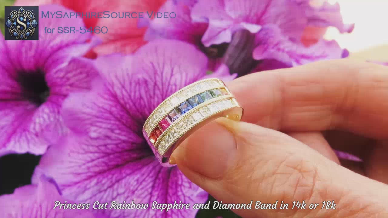Princess Cut Rainbow Sapphire Ring with Princess Diamonds in 14k yellow gold (SSR-5460)