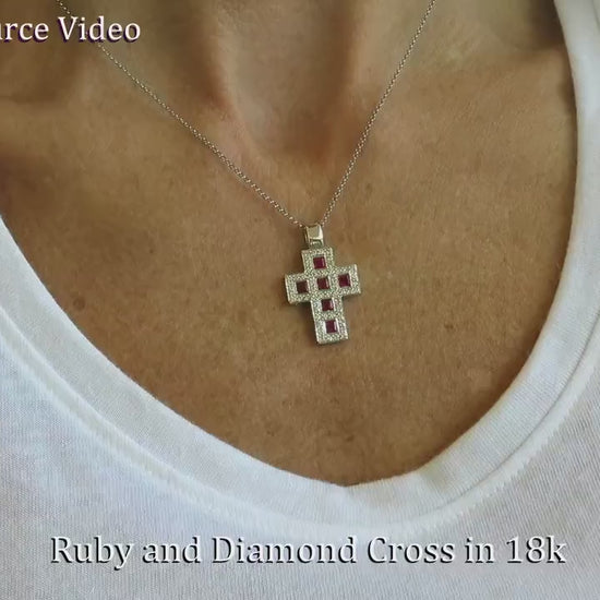 Bold Natural Ruby and Diamond Cross Pendant in 18k white gold (SSP-5045)