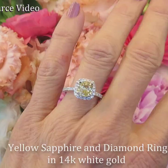 Large Natural Yellow Sapphire Ring with Diamond Halo in 14k White Gold (SSR-5981)