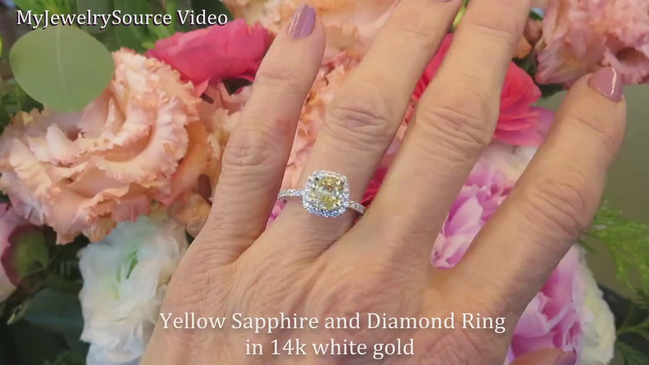 Large Natural Yellow Sapphire Ring with Diamond Halo in 14k White Gold (SSR-5981)