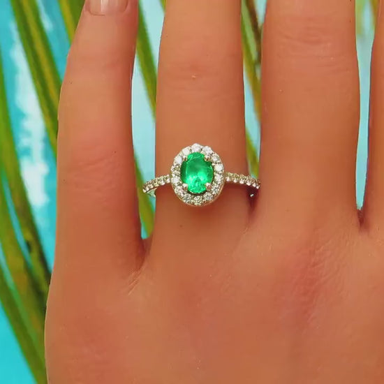 Columbian Emerald Engagement Ring in 14k white gold with Diamond Halo (E-5868)