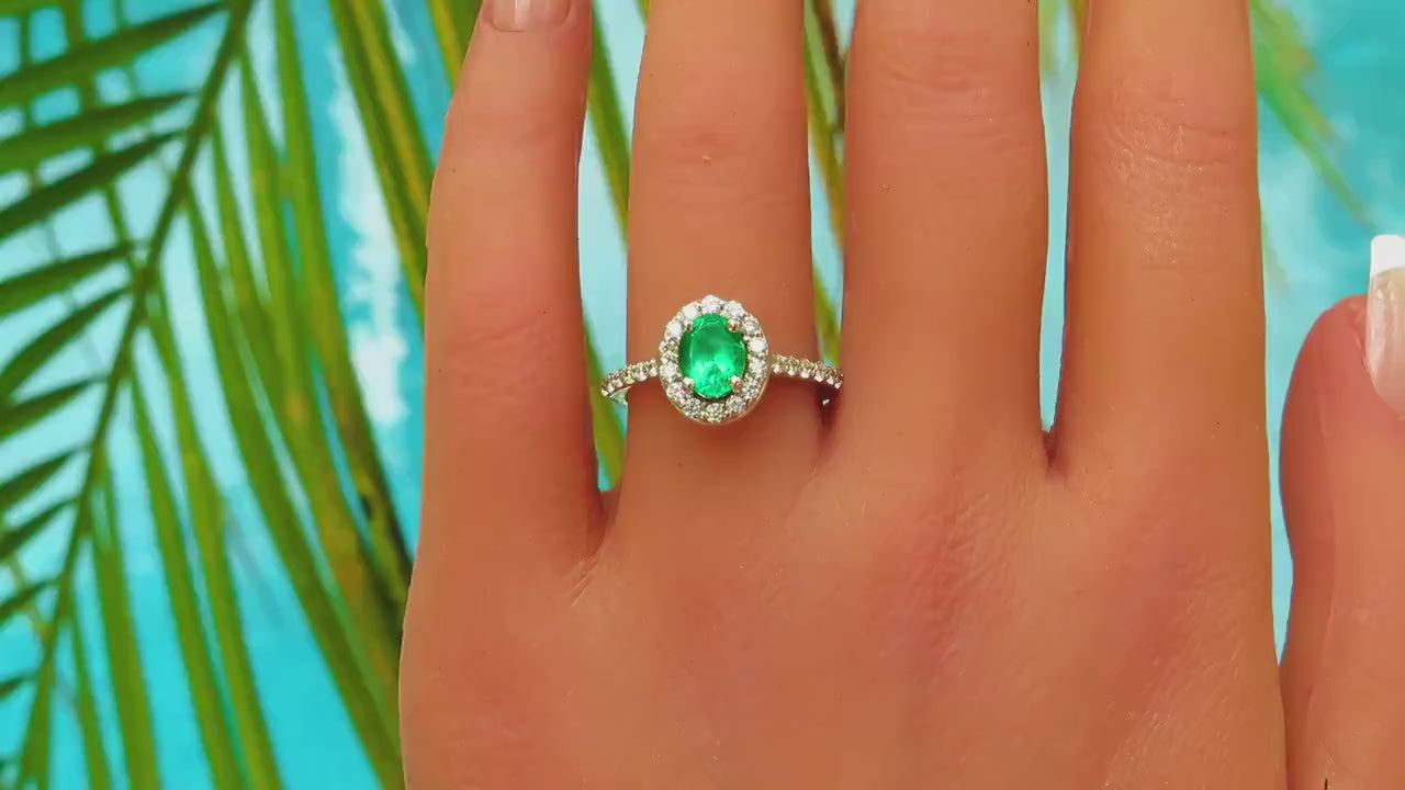 Columbian Emerald Engagement Ring in 14k white gold with Diamond Halo (E-5868)