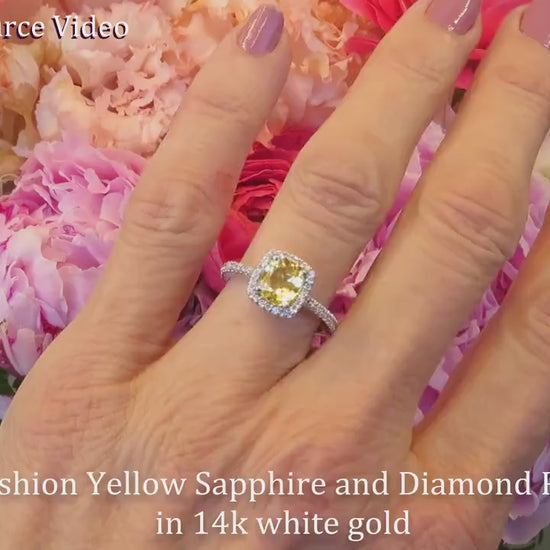 1.6 carat Cushion Cut Yellow Sapphire and Diamond Halo Engagement Ring in 14k White Gold for sale (item SSR-5618))