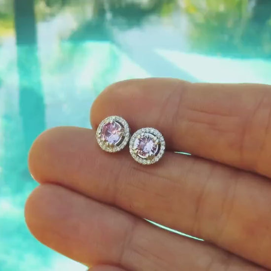 Natural Round Light Pink Sapphire and Diamond Earrings in 14k white gold (SSE-5096)