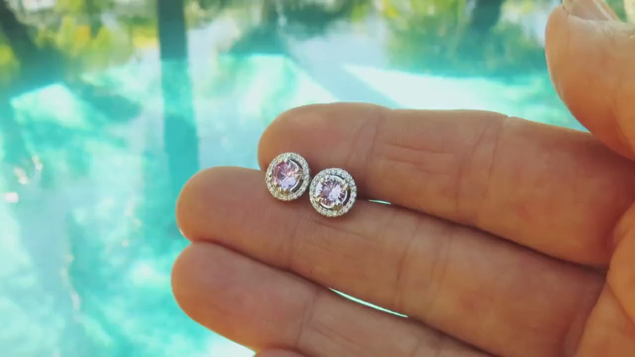 Natural Round Light Pink Sapphire and Diamond Earrings in 14k white gold (SSE-5096)
