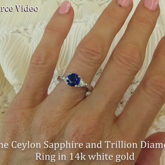 Natural Round Sapphire and Trillion Diamond Three Stone Engagement Ring in 14k white gold (GR-5656)