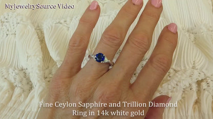 Natural Round Sapphire and Trillion Diamond Three Stone Engagement Ring in 14k white gold (GR-5656)