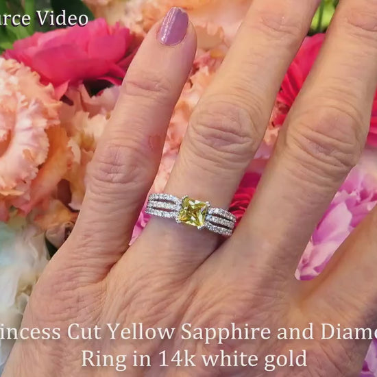 Natural Yellow Sapphire Engagement Ring with Princess Cut Yellow Sapphire and Three Row Diamond Band in real 14k white gold (SSR-5901)