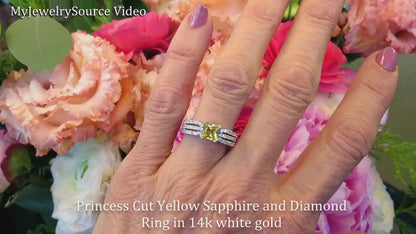 Natural Yellow Sapphire Engagement Ring with Princess Cut Yellow Sapphire and Three Row Diamond Band in real 14k white gold (SSR-5901)