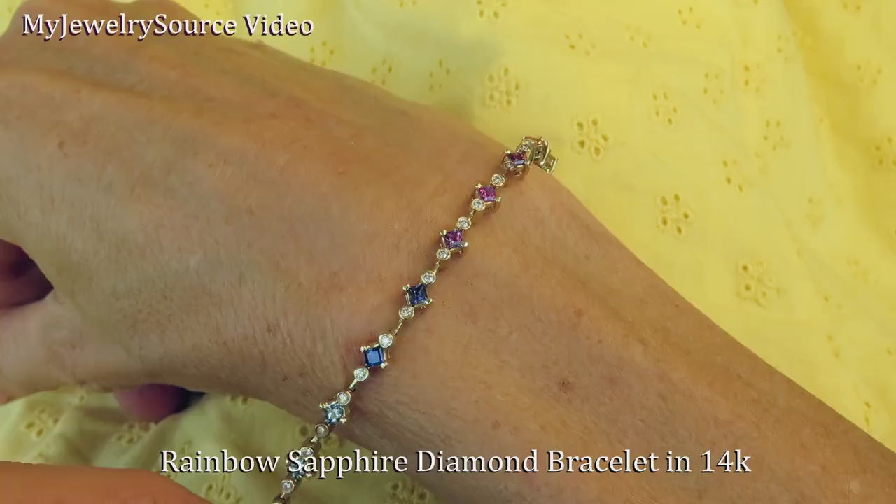 Natural Rainbow Sapphire Bracelet with Alternating Diamonds in 14k Yellow Gold - 7 inch (SSB-4025)