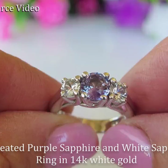 Ceylon Unheated Untreated Natural Purple and White Sapphire Three Stone Ring in 14k White Gold (SPR-147)