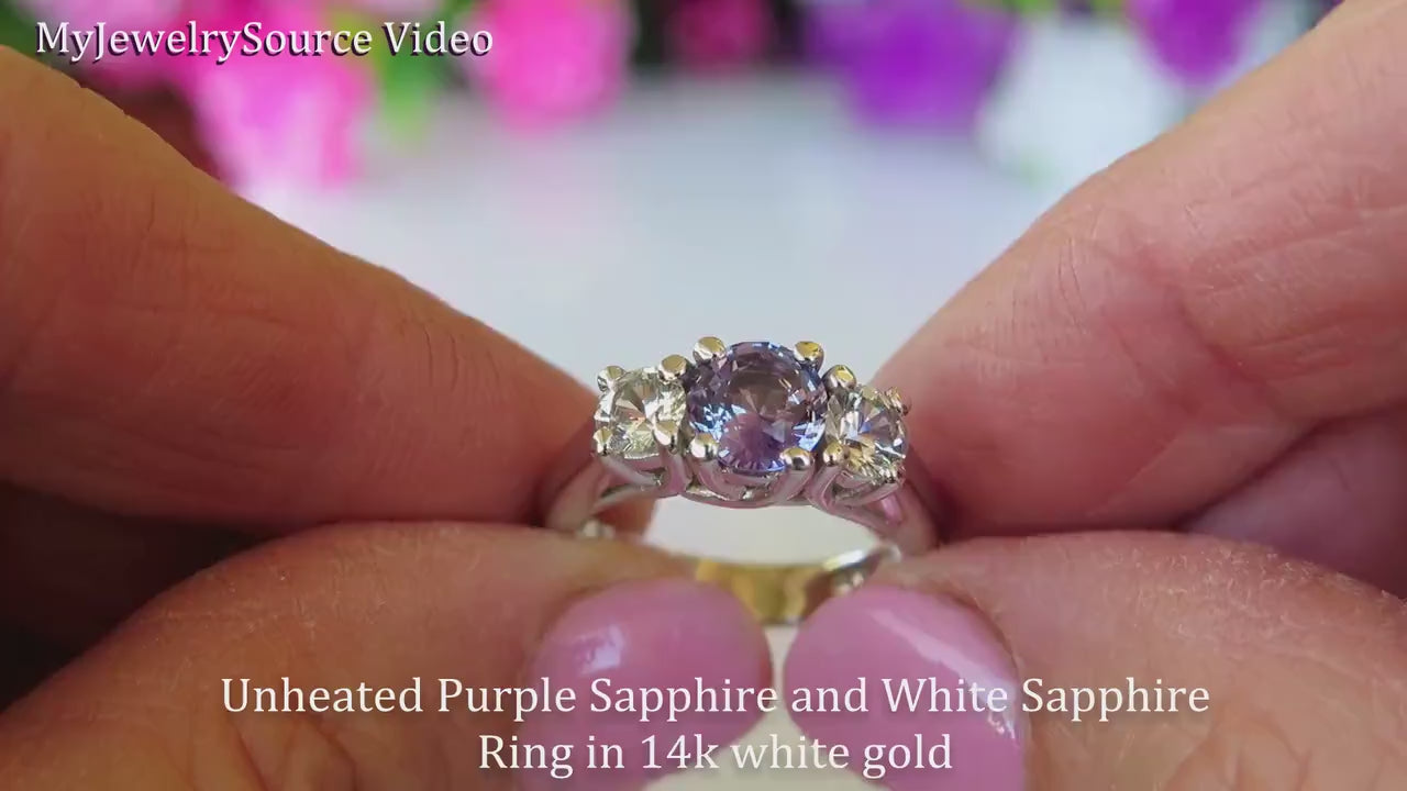 Ceylon Unheated Untreated Natural Purple and White Sapphire Three Stone Ring in 14k White Gold (SPR-147)