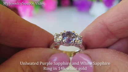 Ceylon Unheated Untreated Natural Purple and White Sapphire Three Stone Ring in 14k White Gold (SPR-147)