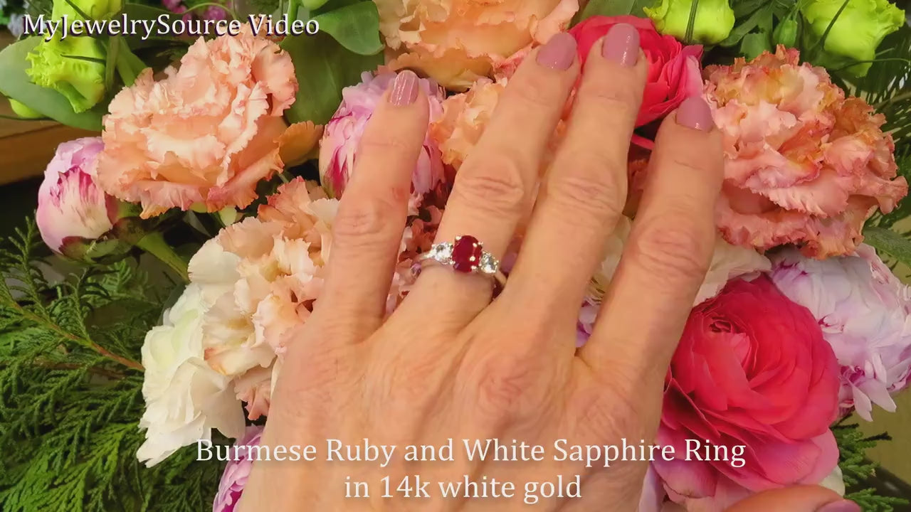 Natural Burmese Ruby and White Sapphire Engagement Ring in 14k white gold (GR-5957)