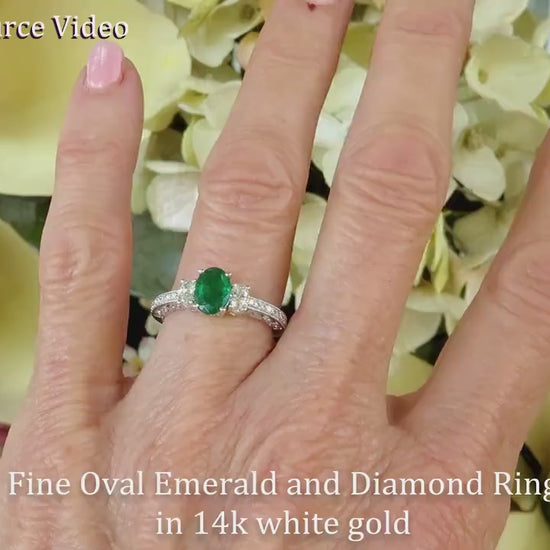 Vintage Design Natural Emerald Engagement Ring in 14k white gold for sale (E-5308)
