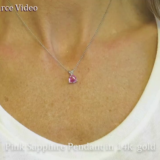 Natural Trillion Cut Pink Sapphire Pendant Necklace set in solid 14k white Gold at MySapphireSource (item SSP-5102)